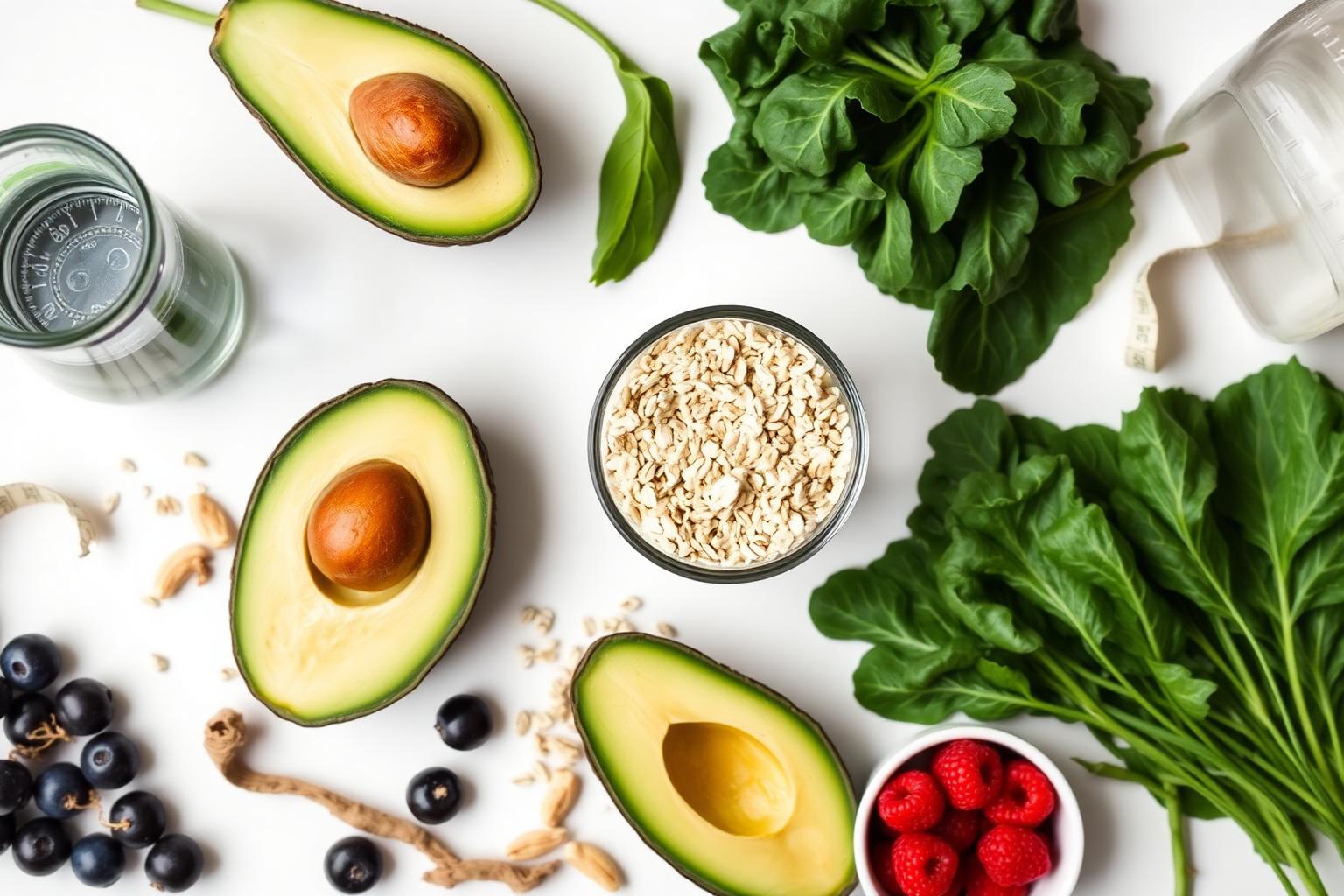 Composição de alimentos integrais — folhas verdes, abacate, aveia, frutas vermelhas e água — sobre fundo branco