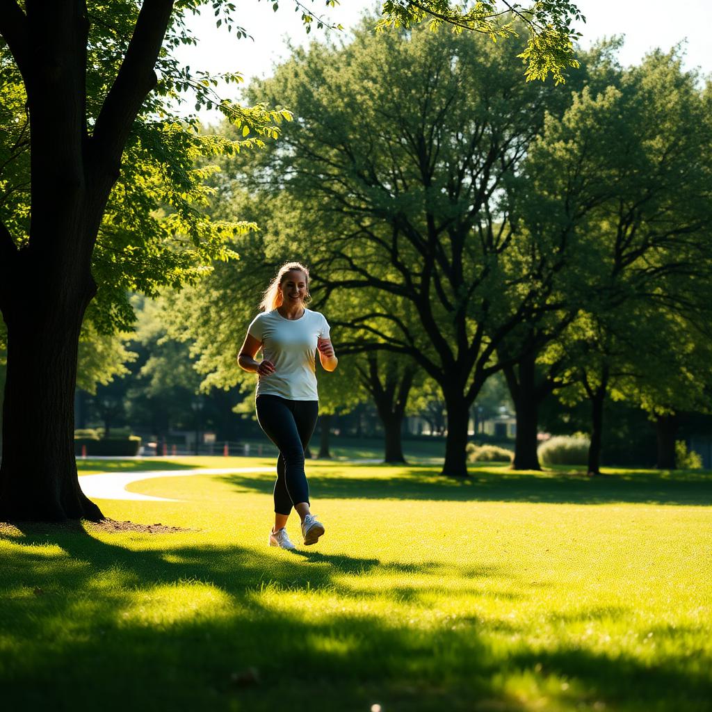 Pessoa caminhando ao ar livre em parque verde, demonstrando atividade física leve e regular